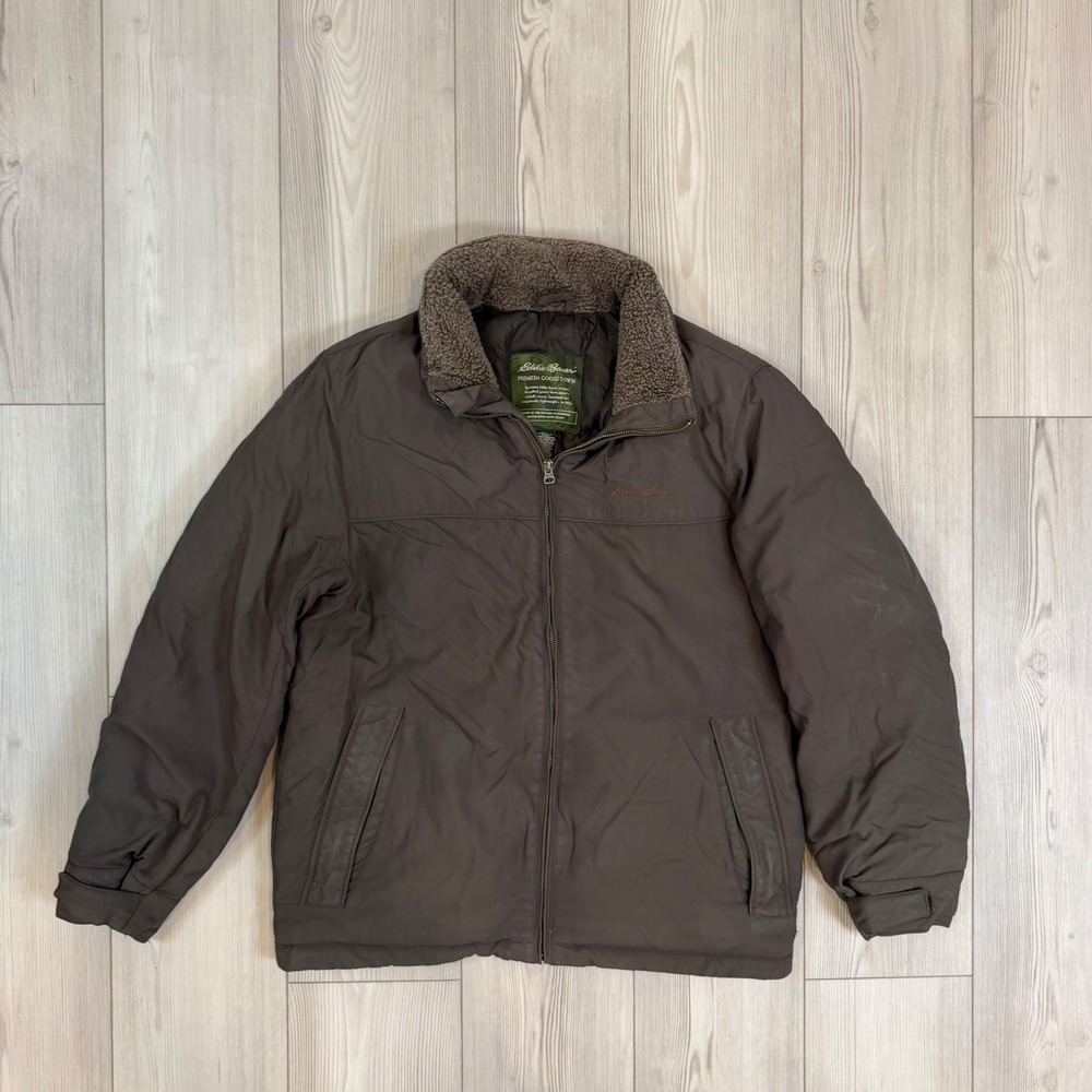 Eddie Bauer Premium Goose Down Jacket Brown Faux Shearling Collar Mens Small